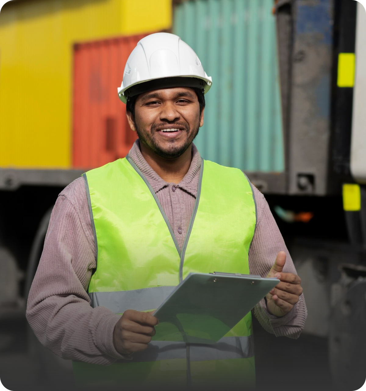 Construction worker with safety helmet and vest using tablet on construction site